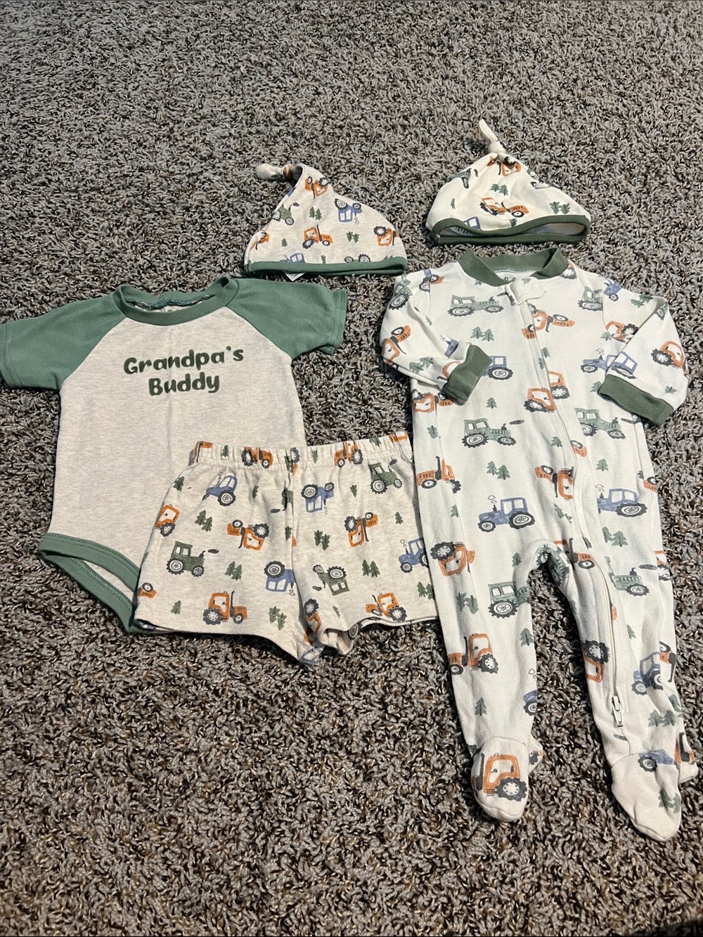 Grandpa's Buddy Green & Cream Baby One-Piece Set with Tractor Print